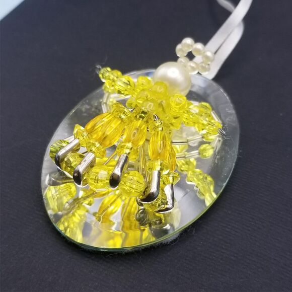 Vintage Beaded Angel Yellow Ornament Mirror 3" Pearl Handmade with Safety Pins - Picture 6 of 6